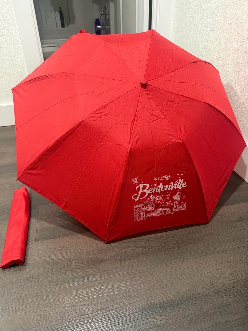 Red Visit Bentonville Compact Travel Umbrella